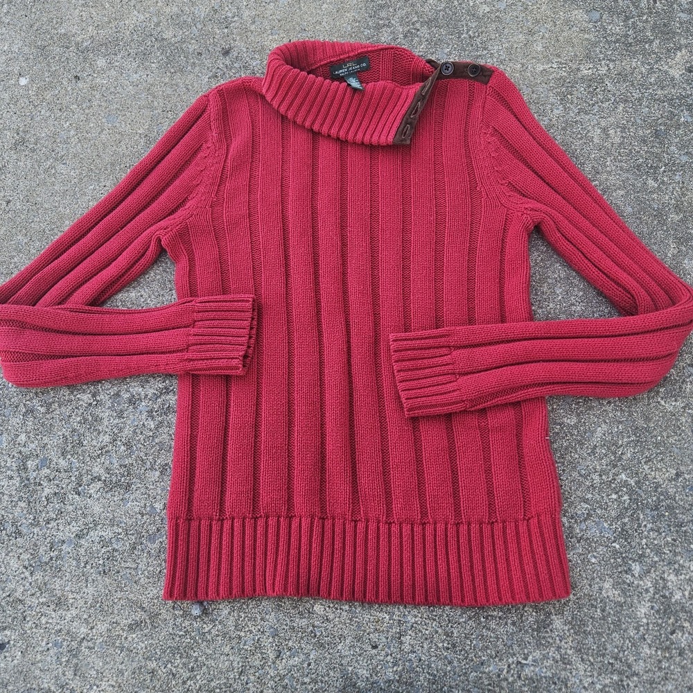 Lauren Ralph Lauren M Red Ribbed Knit Shawl Collar Button Shoulder Sweater LRL